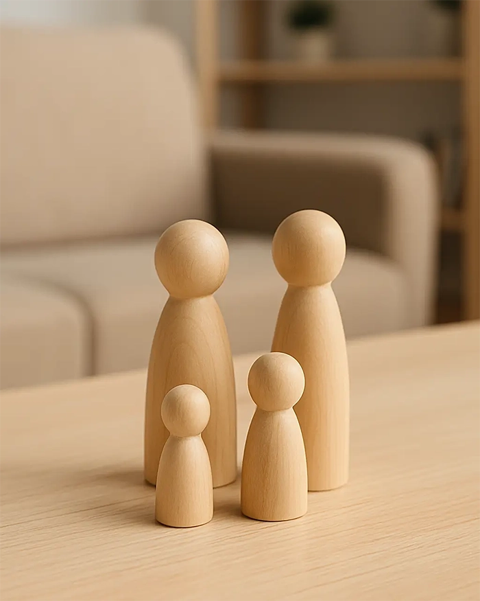 Symbolbild Eltern Trennung Coaching Kinder: Vier Holzfiguren auf einem Couchtisch