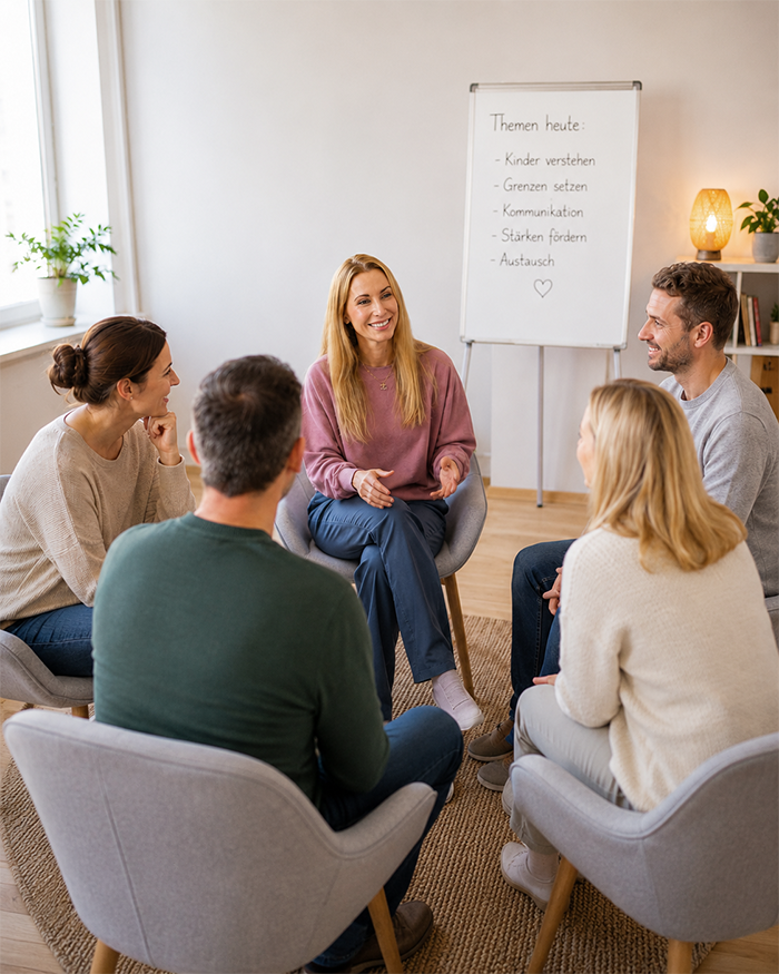 Elternkurs Achtsamkeit Linda im Stuhlkreis mit Eltern, ein Flipchart mit Themen im Hintergrund